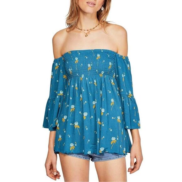 Free People Lana Off Shoulder Tunic Ocean Blue Floral - Picture 1 of 5